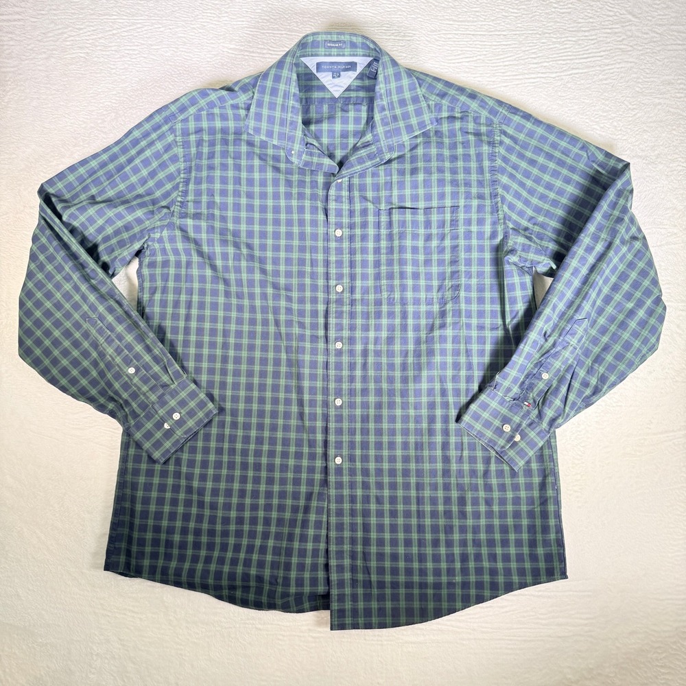 Tommy Hilfiger‎ Men Plaid Long Sleeve Button Down Shirt 17.5 36-37 XL Blue Green